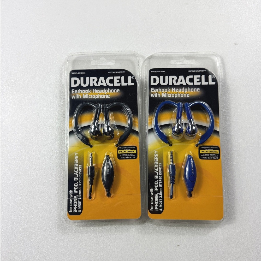 LOT 2 Duracell GDU9540 Earhook Headphones Microphone 3.5mm Jack Black Blue NEW